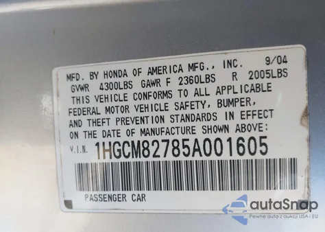 2005 Honda Accord 3.0 Ex из США, поврежденный, VIN 1HGCM82785A001605